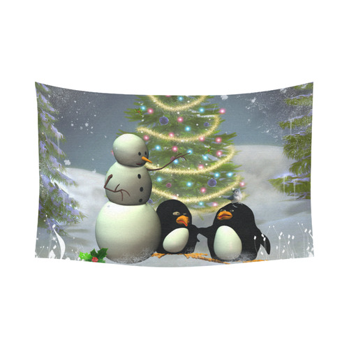 Snowman with penguin and christmas tree Cotton Linen Wall Tapestry 90"x 60"