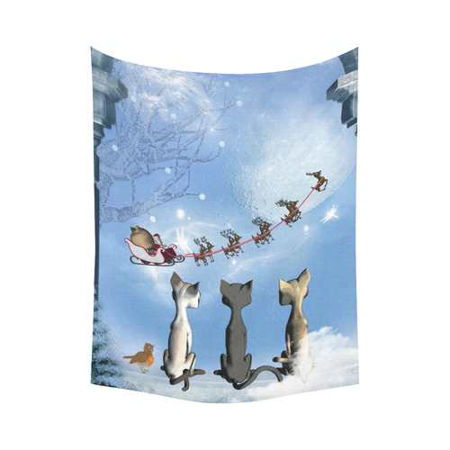 Christmas, cute cats and Santa Claus Cotton Linen Wall Tapestry 60"x 80"