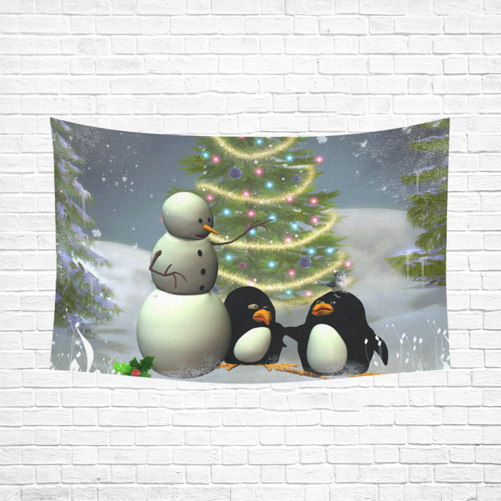 Snowman with penguin and christmas tree Cotton Linen Wall Tapestry 90"x 60"
