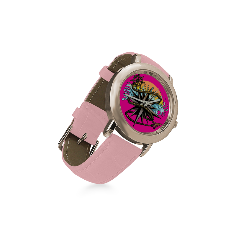 Nautical Splash Women's Rose Gold Leather Strap Watch(Model 201)
