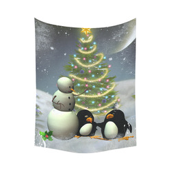 Snowman with penguin and christmas tree Cotton Linen Wall Tapestry 60"x 80"