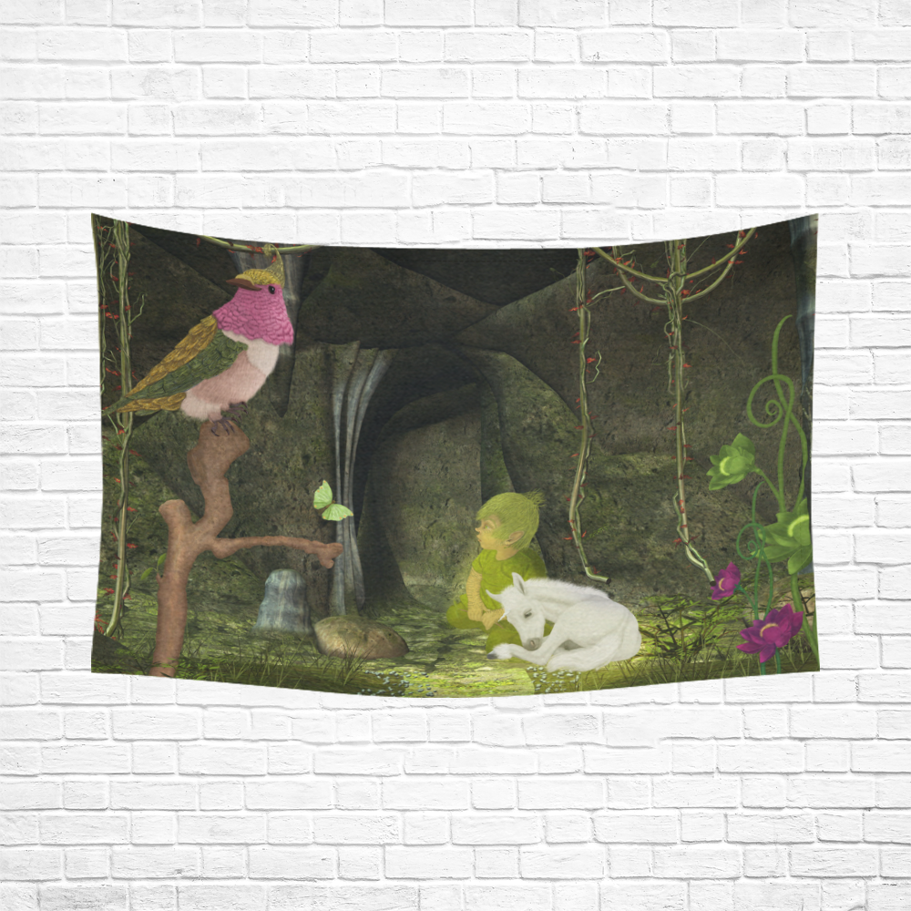 Cute unicorn foal and sweet elf Cotton Linen Wall Tapestry 90"x 60"