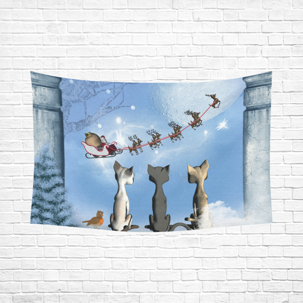 Christmas, cute cats and Santa Claus Cotton Linen Wall Tapestry 90"x 60"