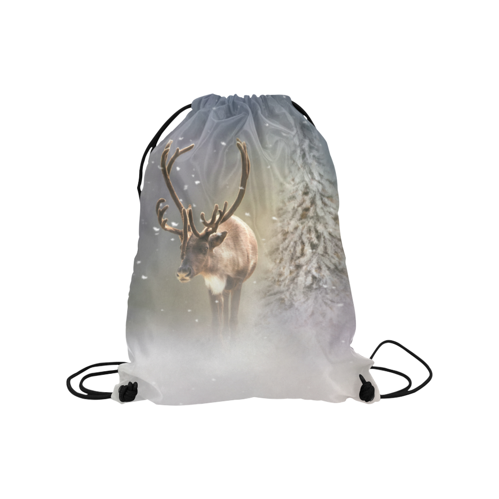 Santa Claus Reindeer in the snow Medium Drawstring Bag Model 1604 (Twin Sides) 13.8"(W) * 18.1"(H)