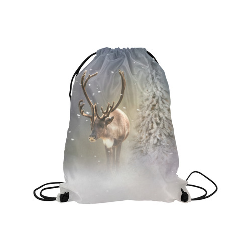 Santa Claus Reindeer in the snow Medium Drawstring Bag Model 1604 (Twin Sides) 13.8"(W) * 18.1"(H)
