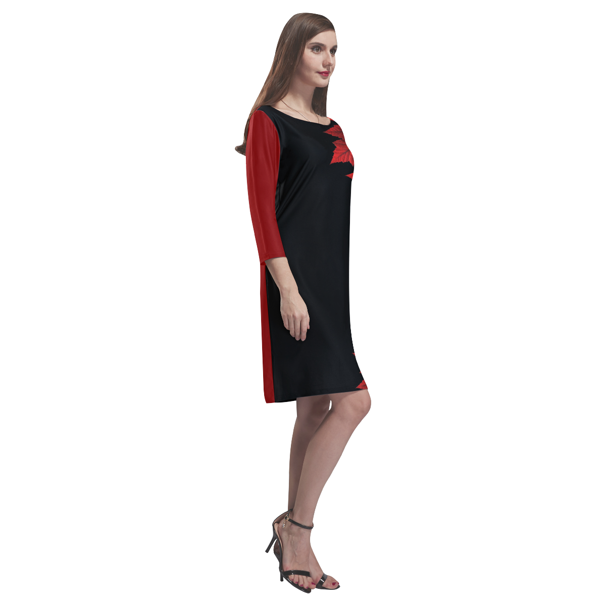 Canada Maple Leaf Dress Black Rhea Loose Round Neck Dress(Model D22)