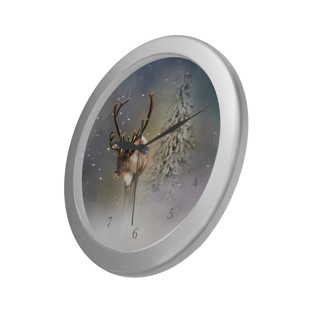 Santa Claus Reindeer in the snow Silver Color Wall Clock