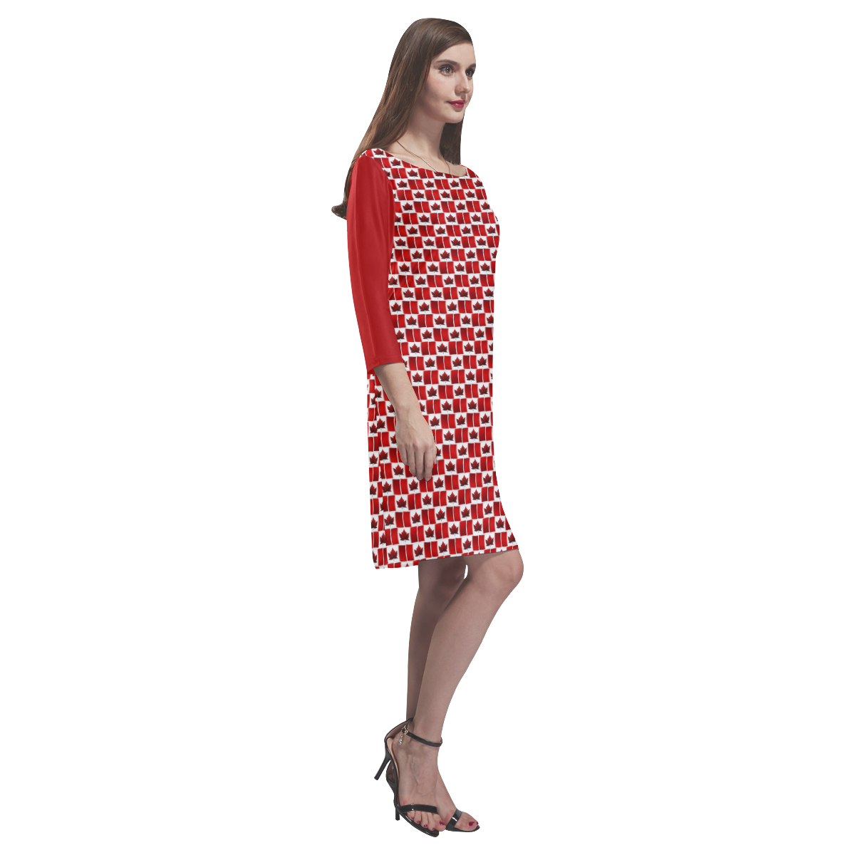Canadian_Flag_Dress Long Sleeve Dresses Rhea Loose Round Neck Dress(Model D22)