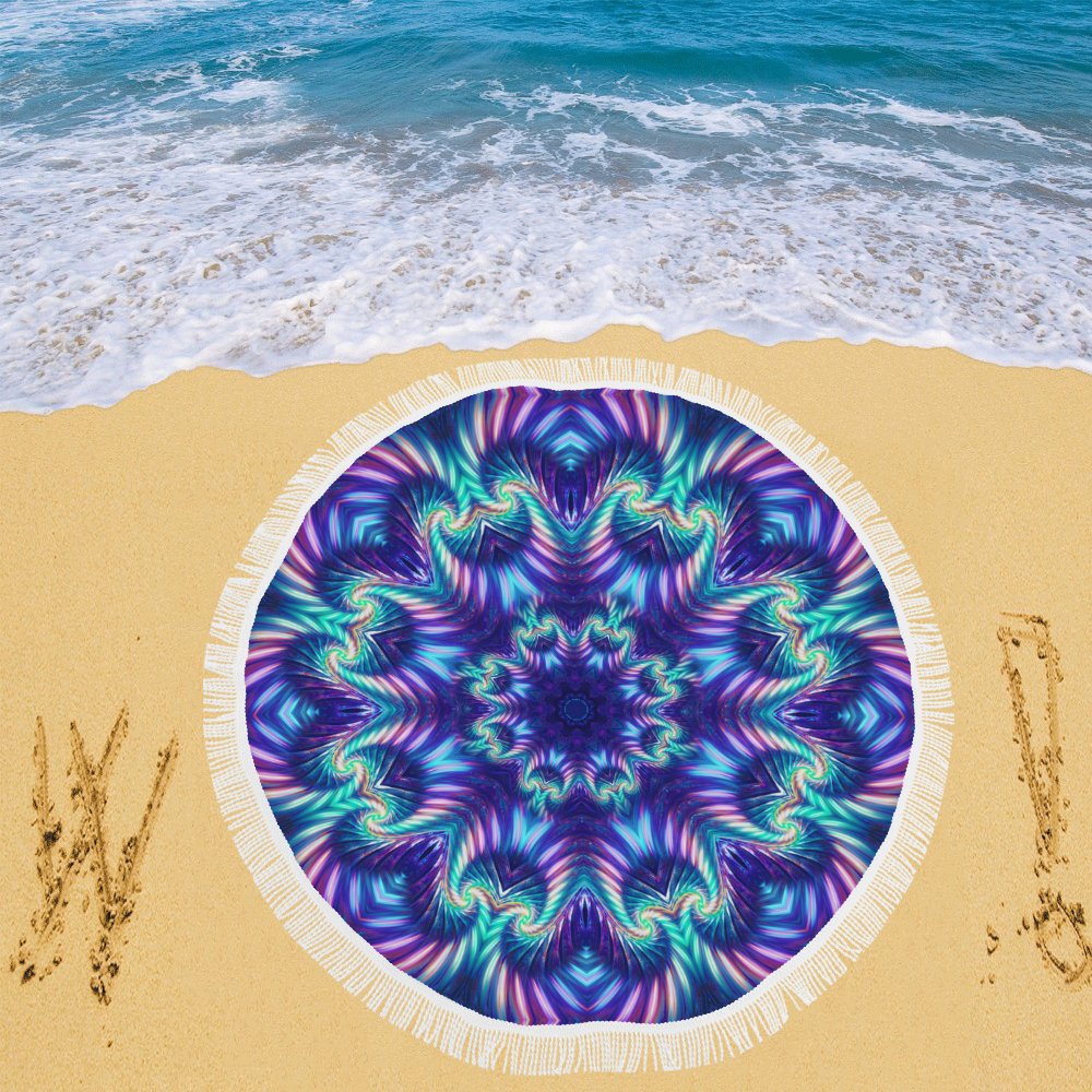 Rainbow Fractal Mandala Circular Beach Shawl 59"x 59"