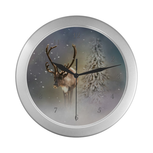 Santa Claus Reindeer in the snow Silver Color Wall Clock