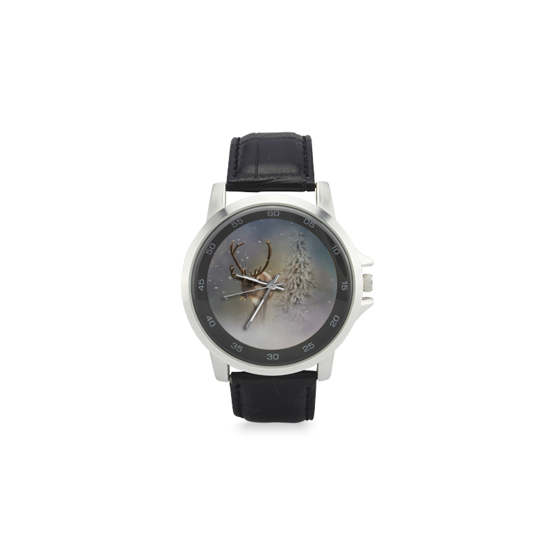 Santa Claus Reindeer in the snow Unisex Stainless Steel Leather Strap Watch(Model 202)
