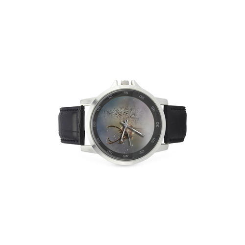 Santa Claus Reindeer in the snow Unisex Stainless Steel Leather Strap Watch(Model 202)