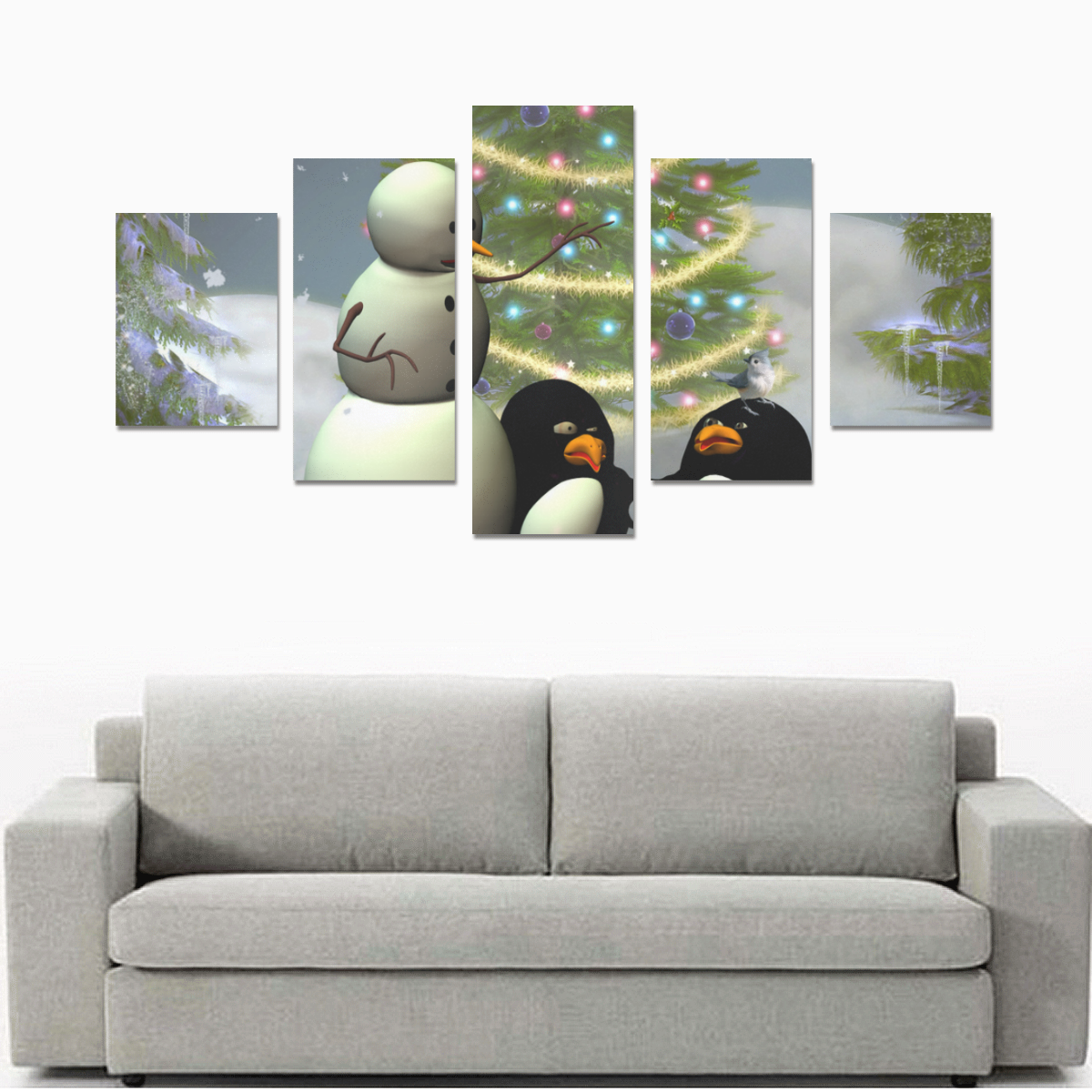 Snowman with penguin and christmas tree Canvas Print Sets B (No Frame)
