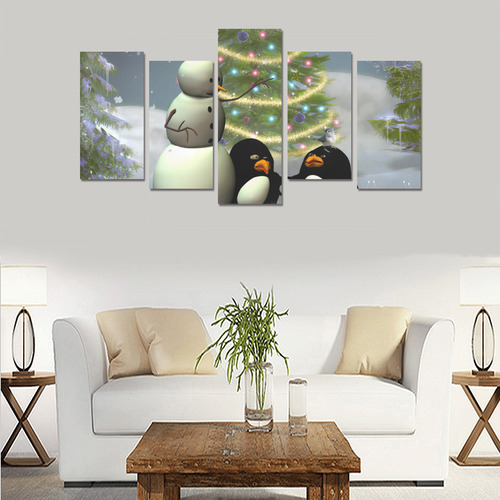 Snowman with penguin and christmas tree Canvas Print Sets E (No Frame)