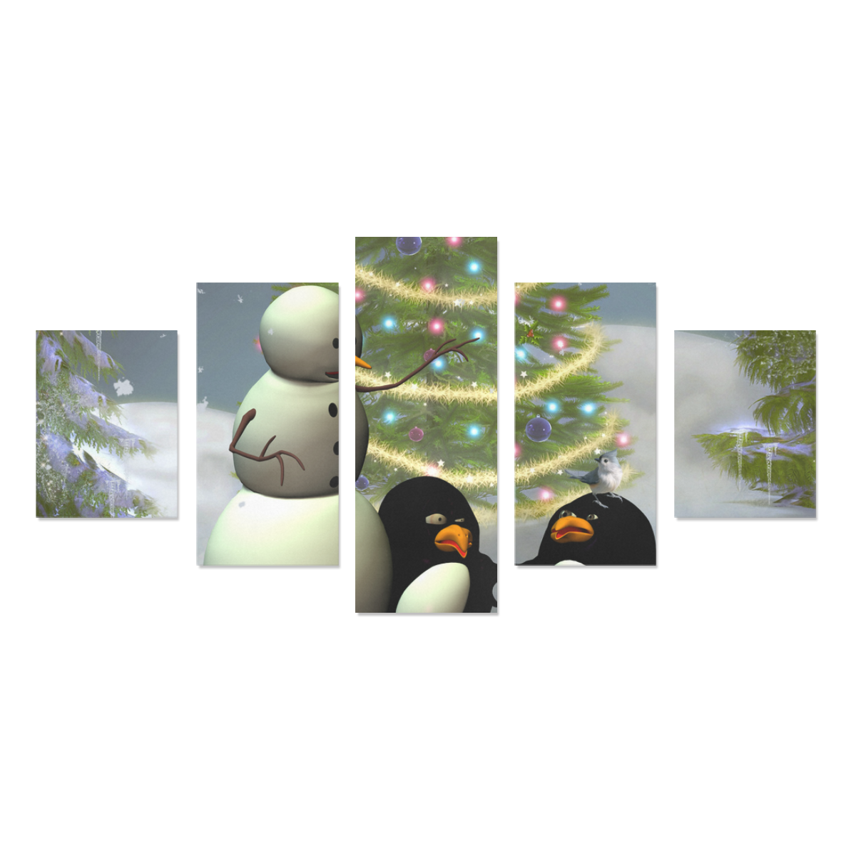 Snowman with penguin and christmas tree Canvas Print Sets B (No Frame)