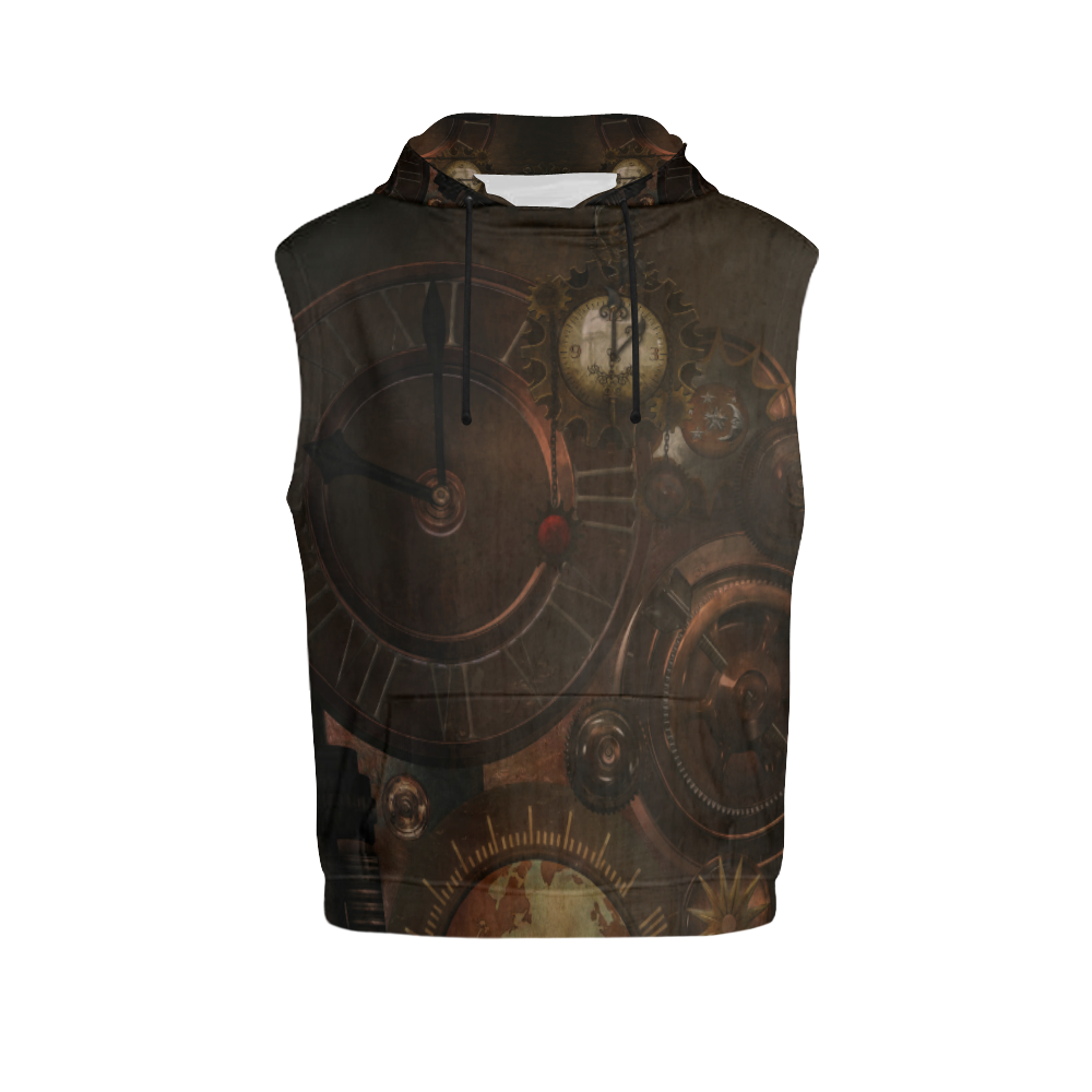 Vintage gothic brown steampunk clocks and gears All Over Print Sleeveless Hoodie for Women (Model H15)