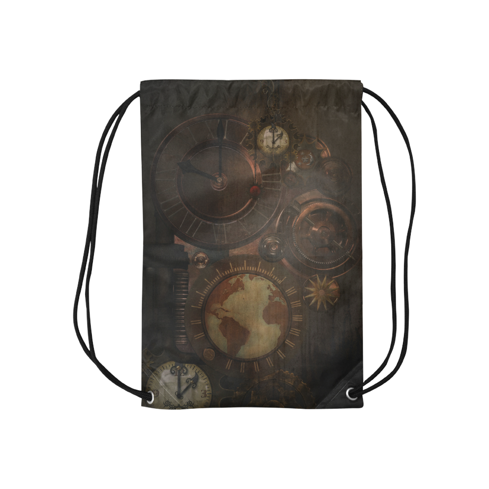 Vintage gothic brown steampunk clocks and gears Small Drawstring Bag Model 1604 (Twin Sides) 11"(W) * 17.7"(H)
