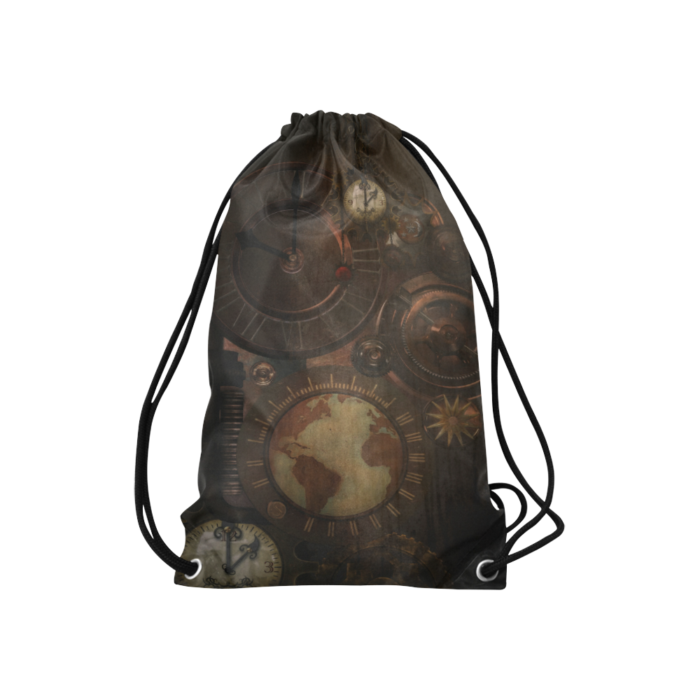 Vintage gothic brown steampunk clocks and gears Small Drawstring Bag Model 1604 (Twin Sides) 11"(W) * 17.7"(H)
