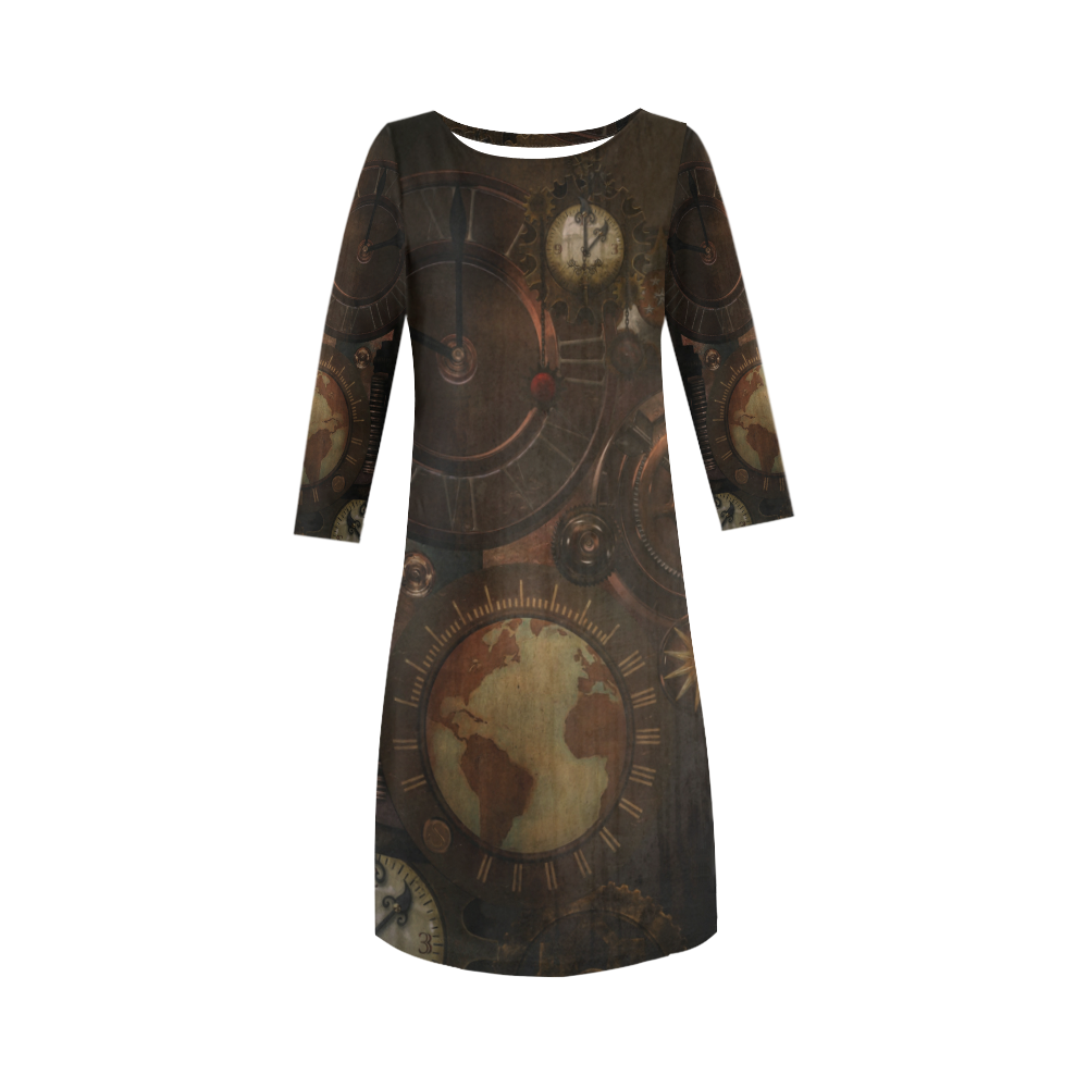Vintage gothic brown steampunk clocks and gears Round Collar Dress (D22)