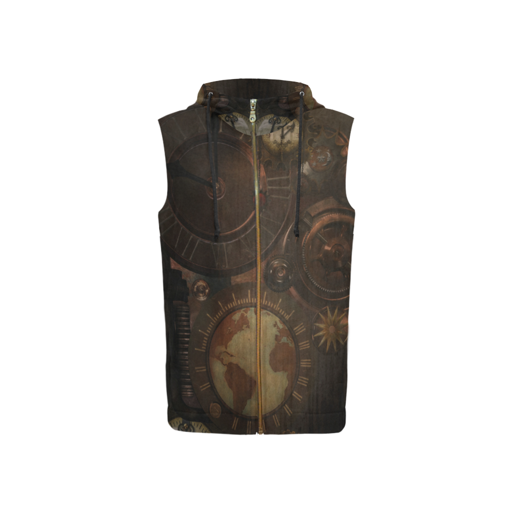 Vintage gothic brown steampunk clocks and gears All Over Print Sleeveless Zip Up Hoodie for Women (Model H16)