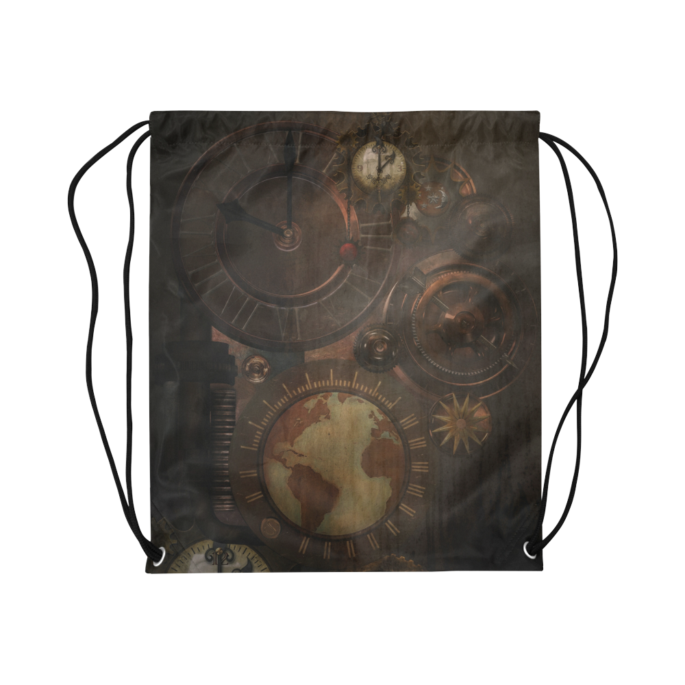 Vintage gothic brown steampunk clocks and gears Large Drawstring Bag Model 1604 (Twin Sides)  16.5"(W) * 19.3"(H)