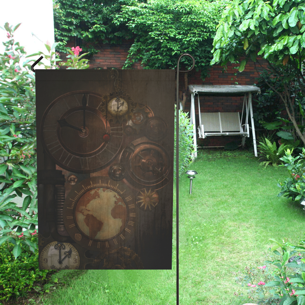 Vintage gothic brown steampunk clocks and gears Garden Flag 12‘’x18‘’（Without Flagpole）