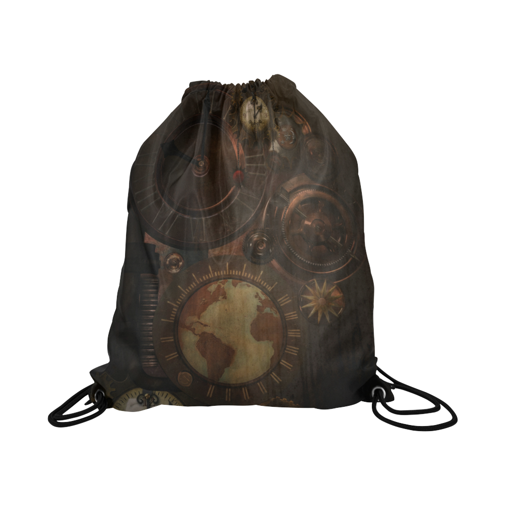 Vintage gothic brown steampunk clocks and gears Large Drawstring Bag Model 1604 (Twin Sides)  16.5"(W) * 19.3"(H)