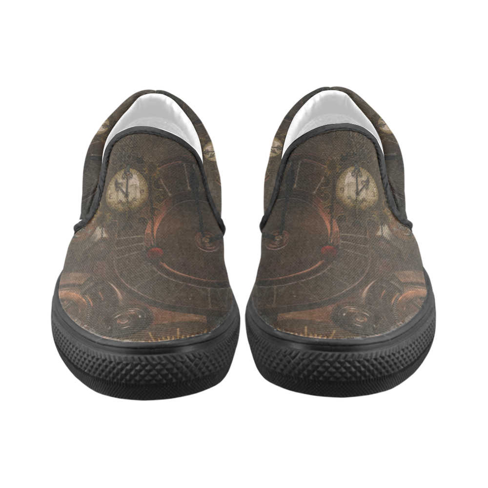 Vintage gothic brown steampunk clocks and gears Slip-on Canvas Shoes for Kid (Model 019)