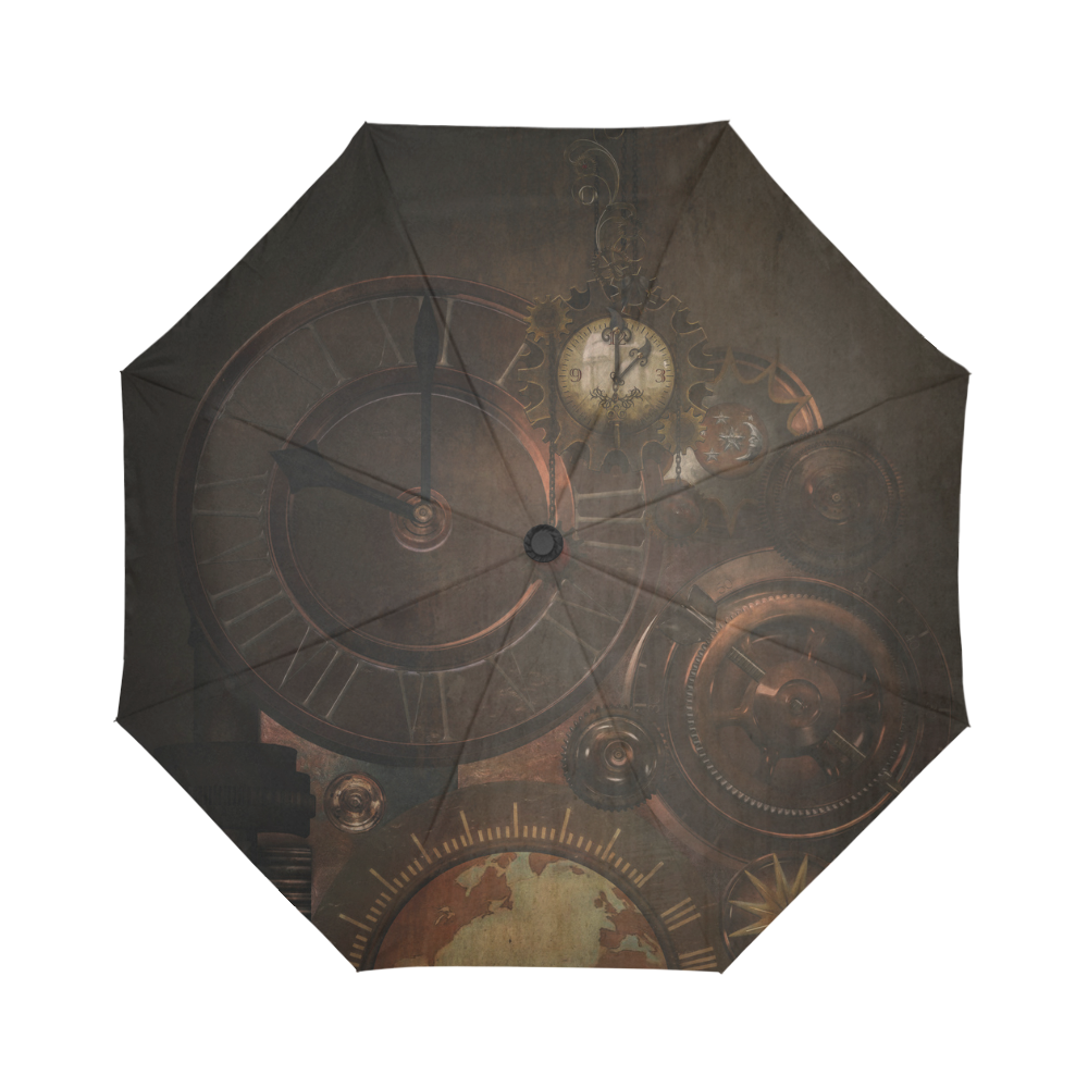 Vintage gothic brown steampunk clocks and gears Auto-Foldable Umbrella (Model U04)