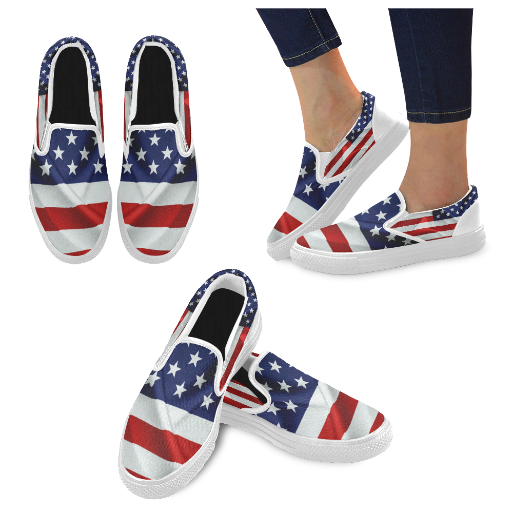 America Flag Banner Patriot Stars Stripes Freedom Women's Unusual Slip-on Canvas Shoes (Model 019)