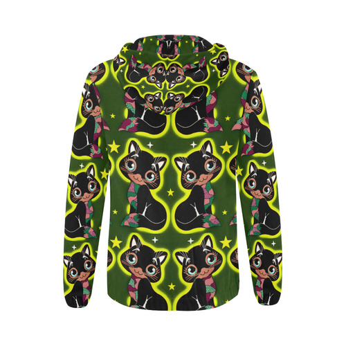 PATCHWORK PUSSY CAT - GREEN All Over Print Full Zip Hoodie for Women (Model H14)