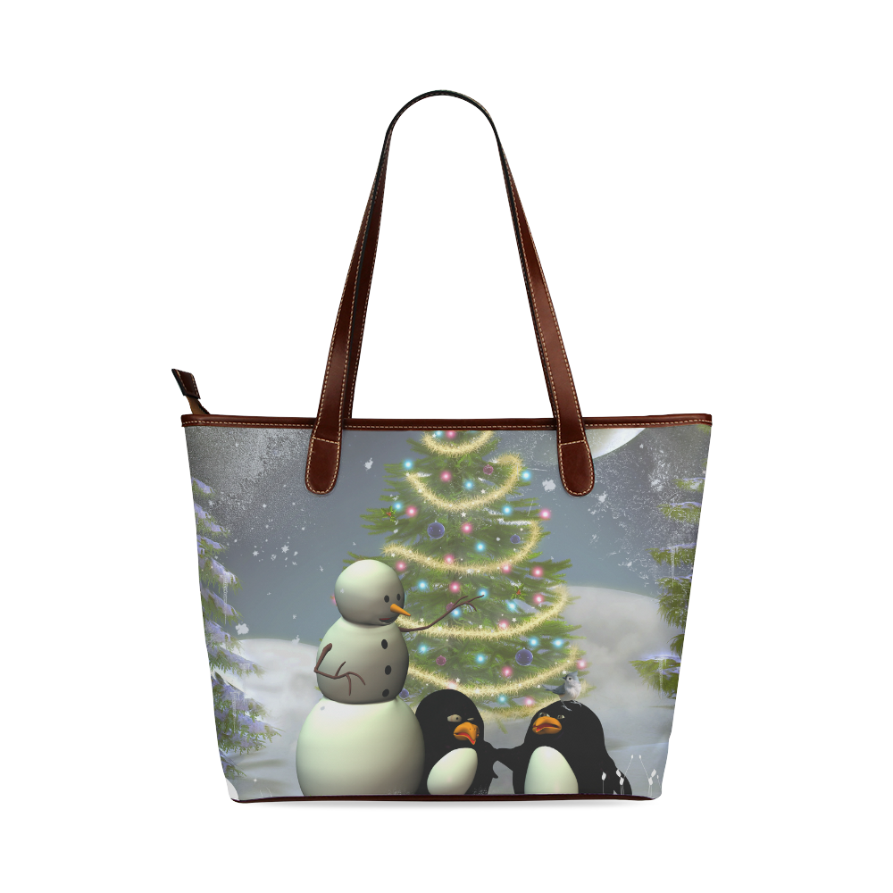Snowman with penguin and christmas tree Shoulder Tote Bag (Model 1646)