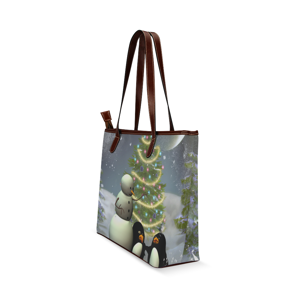 Snowman with penguin and christmas tree Shoulder Tote Bag (Model 1646)