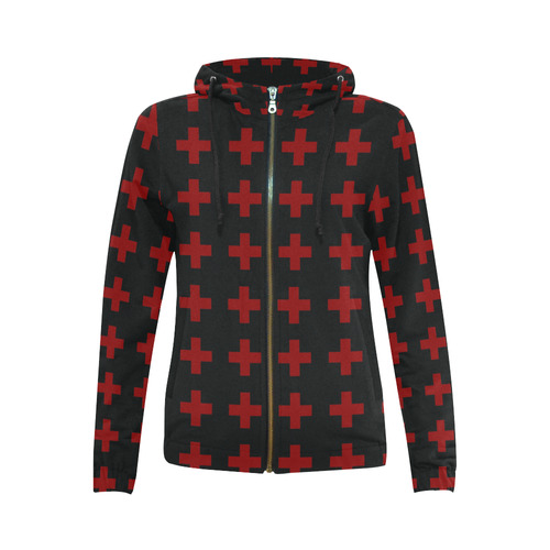 Punk Rock Style Red Crosses Pattern Design All Over Print Full Zip Hoodie for Women (Model H14)