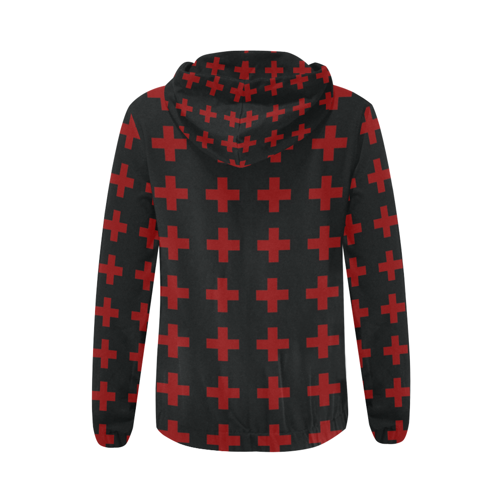 Punk Rock Style Red Crosses Pattern Design All Over Print Full Zip Hoodie for Women (Model H14)