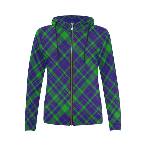 Diagonal Green & Purple Plaid Modern Style All Over Print Full Zip Hoodie for Women (Model H14)