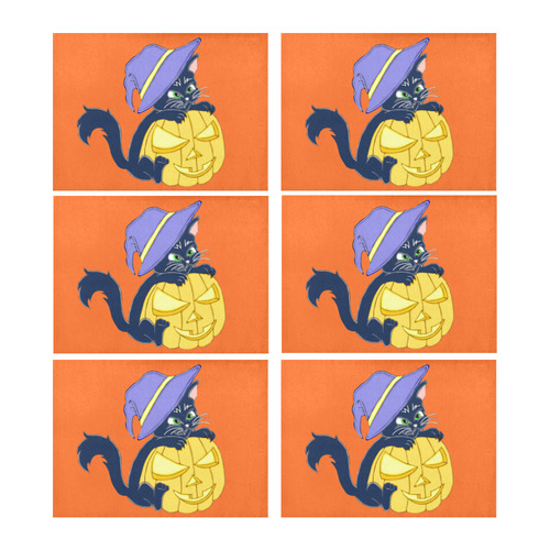 Cute Halloween Black Cat Witches Hat Placemat 14’’ x 19’’ (Set of 6)