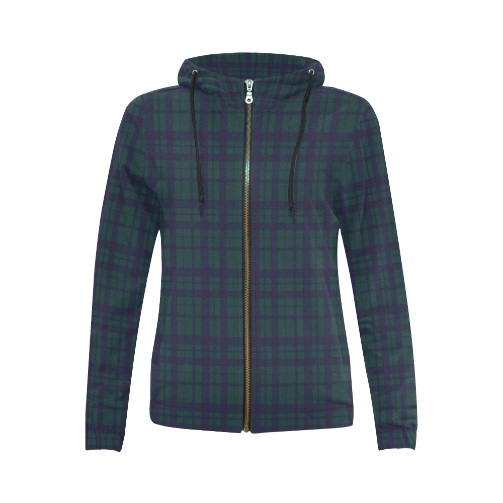 Green Plaid Rock Style All Over Print Full Zip Hoodie for Women (Model H14)