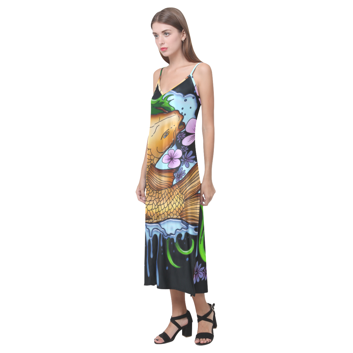 Koi Fish V-Neck Open Fork Long Dress(Model D18)