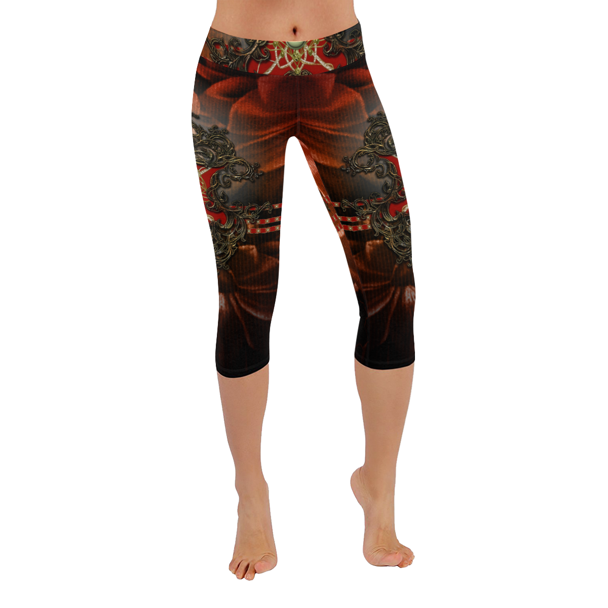 Red floral design Women's Low Rise Capri Leggings (Invisible Stitch) (Model L08)