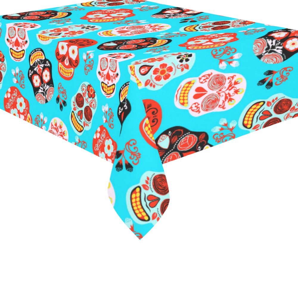 Sugar Skull Day of the Dead Floral Pattern Cotton Linen Tablecloth 60"x 84"