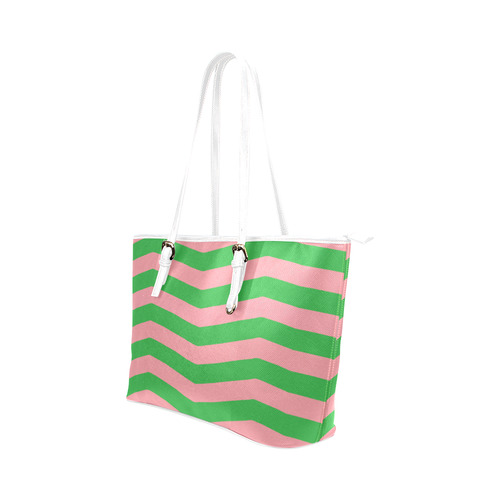Chevron Pink & Green Leather Tote Leather Tote Bag/Small (Model 1651)