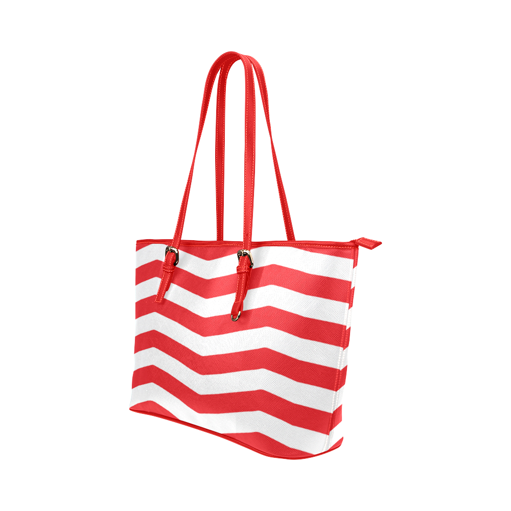Chevron Red & White Leather Tote Bag Leather Tote Bag/Small (Model 1651)