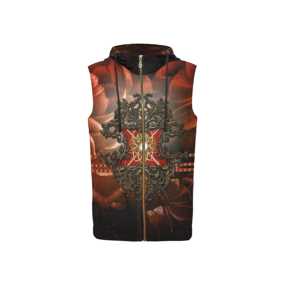 Red floral design All Over Print Sleeveless Zip Up Hoodie for Women (Model H16)