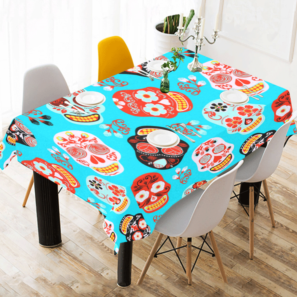 Sugar Skull Day of the Dead Floral Pattern Cotton Linen Tablecloth 52"x 70"