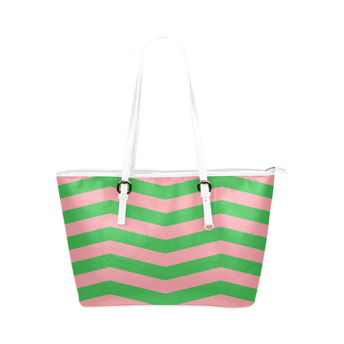 Chevron Pink & Green Leather Tote Leather Tote Bag/Small (Model 1651)