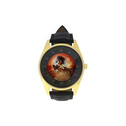 Awesome creepy horse with skulls Men's Golden Leather Strap Watch(Model 210)