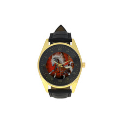 Awesome steampunk horse with wings Men's Golden Leather Strap Watch(Model 210)