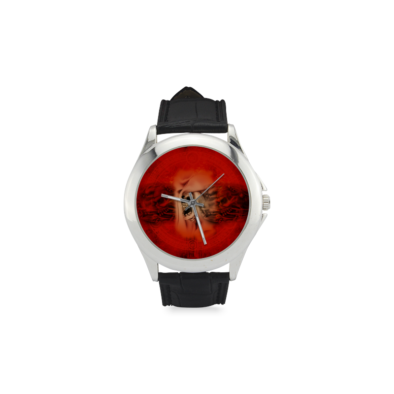 Creepy skulls on red background Women's Classic Leather Strap Watch(Model 203)