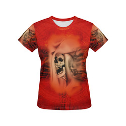 Creepy skulls on red background All Over Print T-Shirt for Women (USA Size) (Model T40)